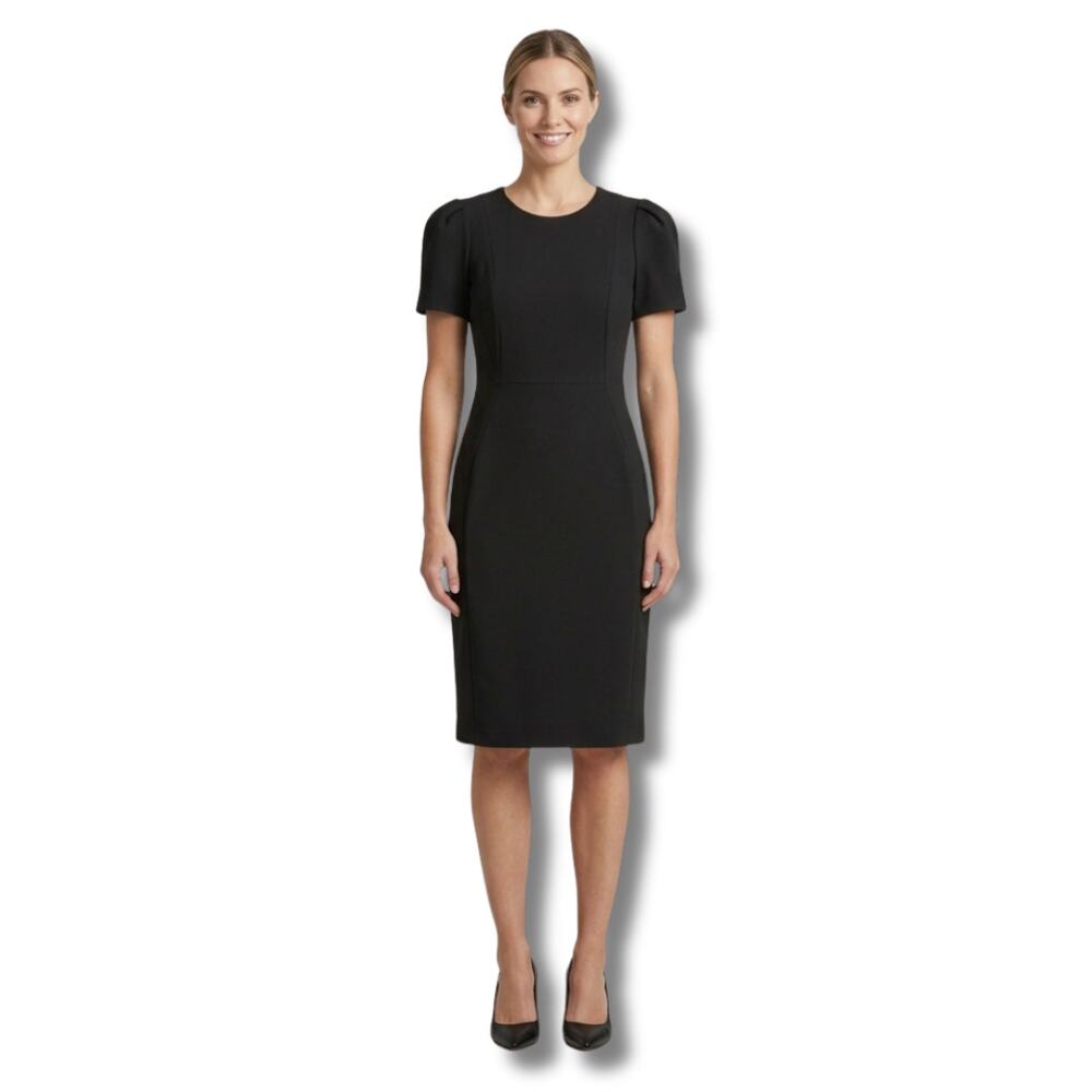 Calvin Klein Puff Sleeve Black Sheath Dress Size 10 Professional Business LBD